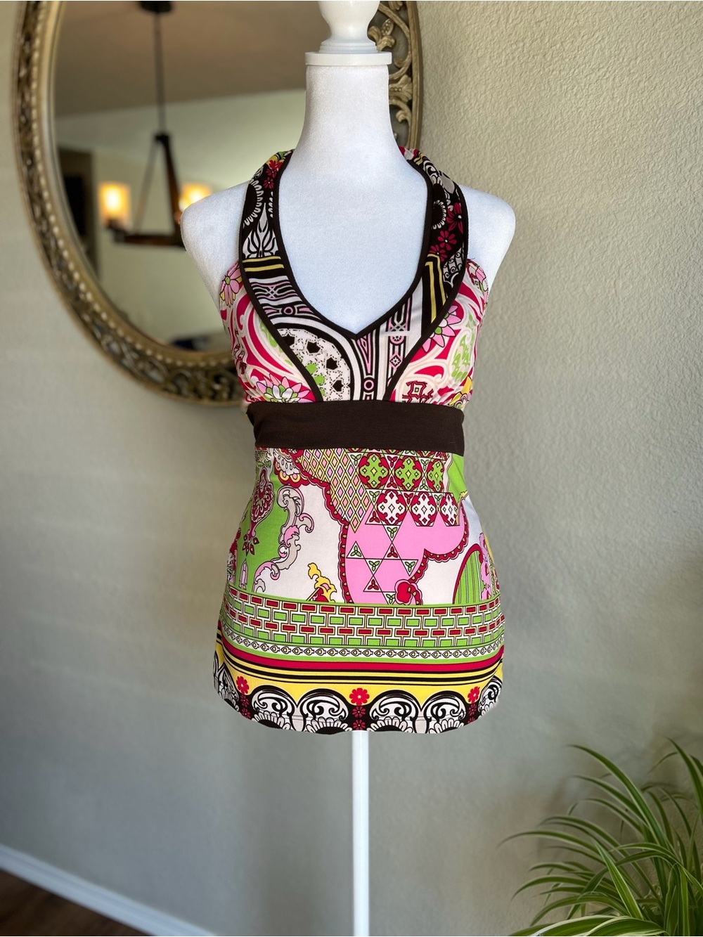 Vintage Y2K print Pink & Green Halter top with Brown Trim
